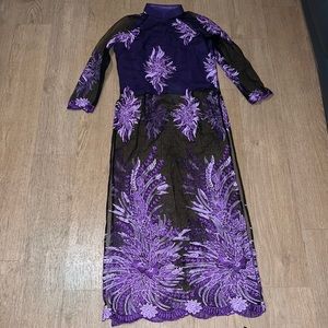 Black mesh Vietnamese ao dai with purple floral embroidery